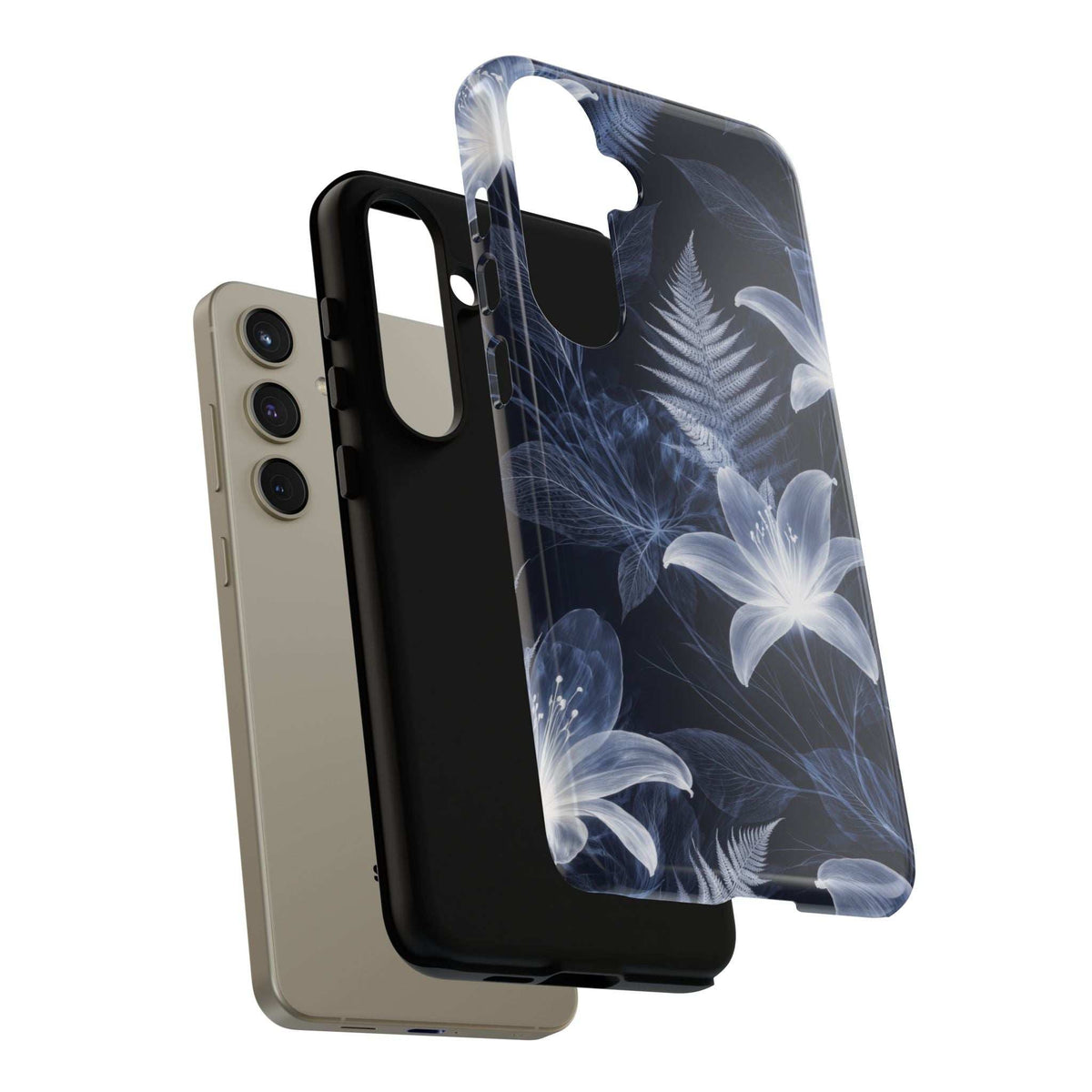 Dark blue botanical phone case with white blossoms and leaf pattern, camera and port openings