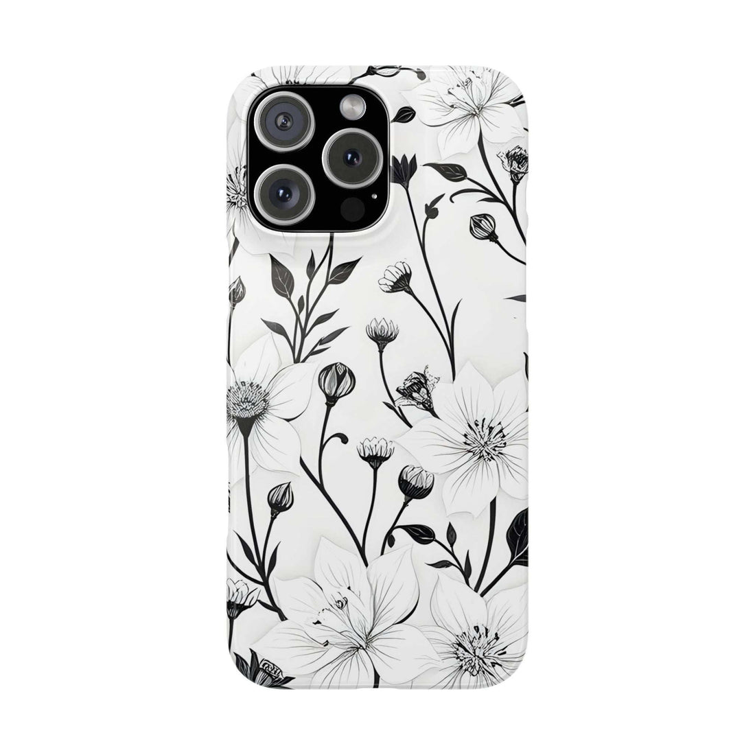 Phone case with black camera cutouts and monochrome white floral line art
