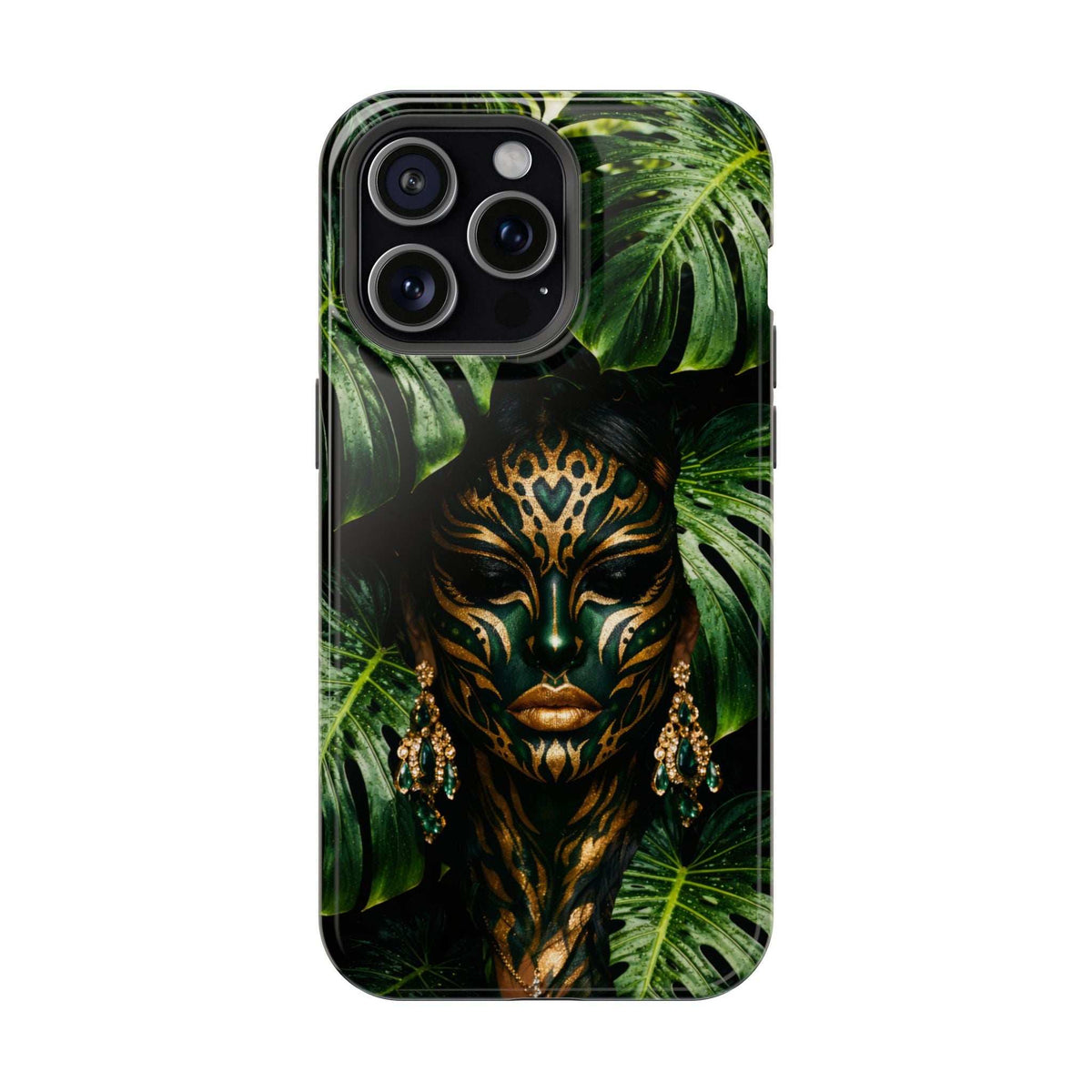 Jungle goddess phone case with leafy accents and gold mask artwork, precise camera cutouts
