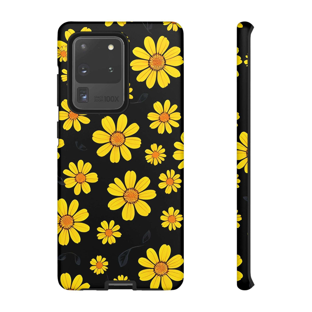 Black phone case with yellow daisy floral pattern; side profile visible