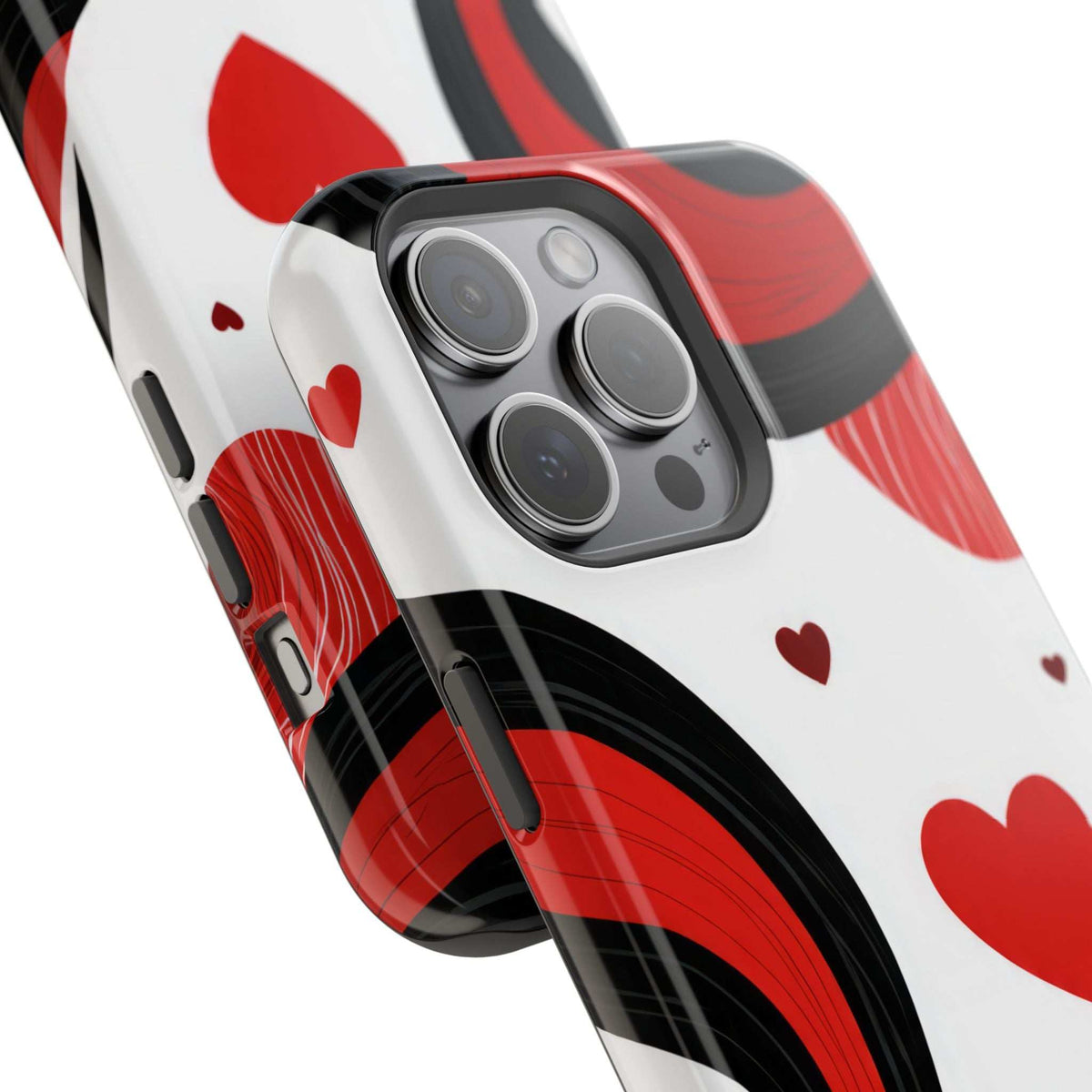 Glossy phone case close-up: red/black waves, scattered hearts, and dual camera cutout