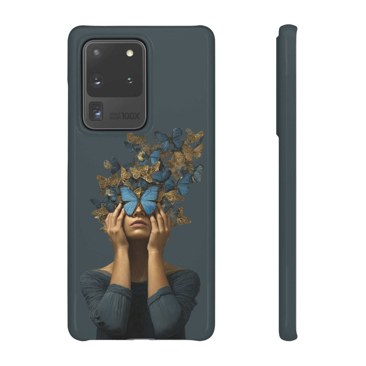 Dark gray phone case showing camera area and butterfly woman graphic at center