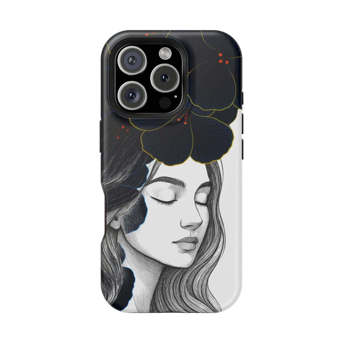 Phone case with dark floral woman portrait, blue flowers, and cutout for cameras