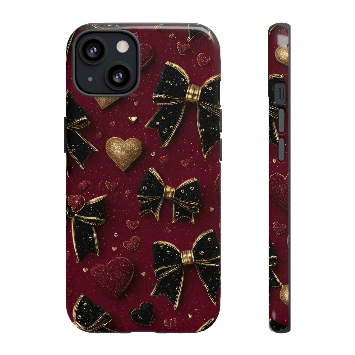 Maroon glossy phone case with gold hearts and bows, front view and thin side profile.