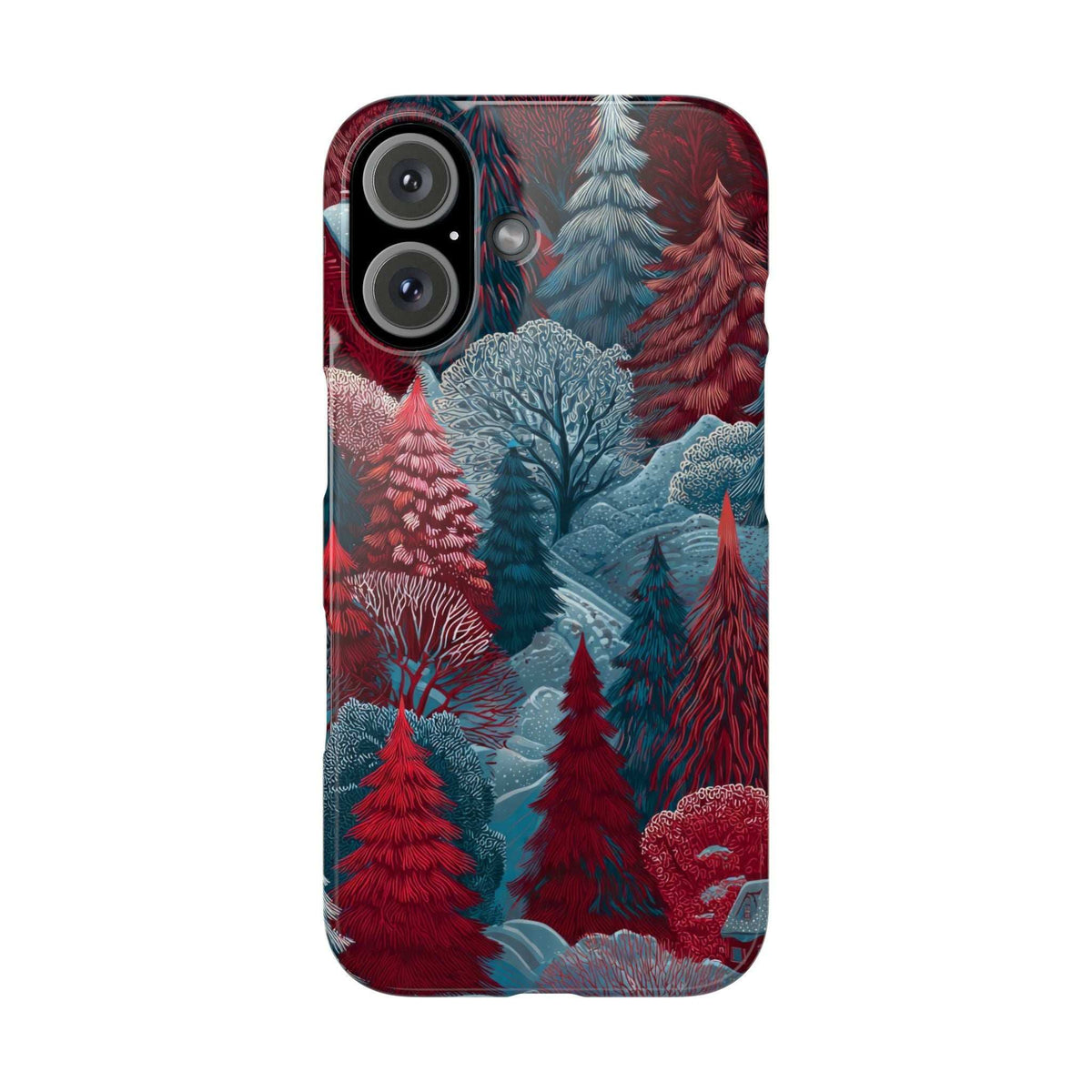 Winter forest phone case with red and blue pine trees and soft snow landscape print