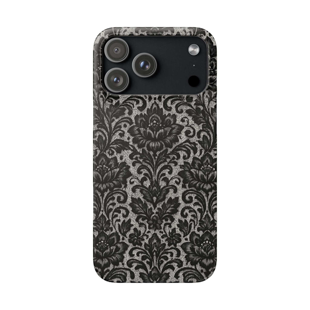 Damask floral phone case, back view, dark gray/black damask pattern and camera cluster