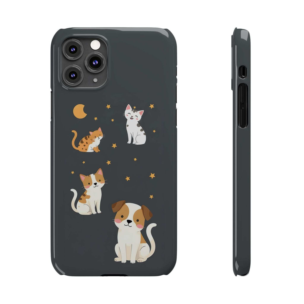 Phone case front and side view with cat and dog pattern, stars, and moon; camera openings