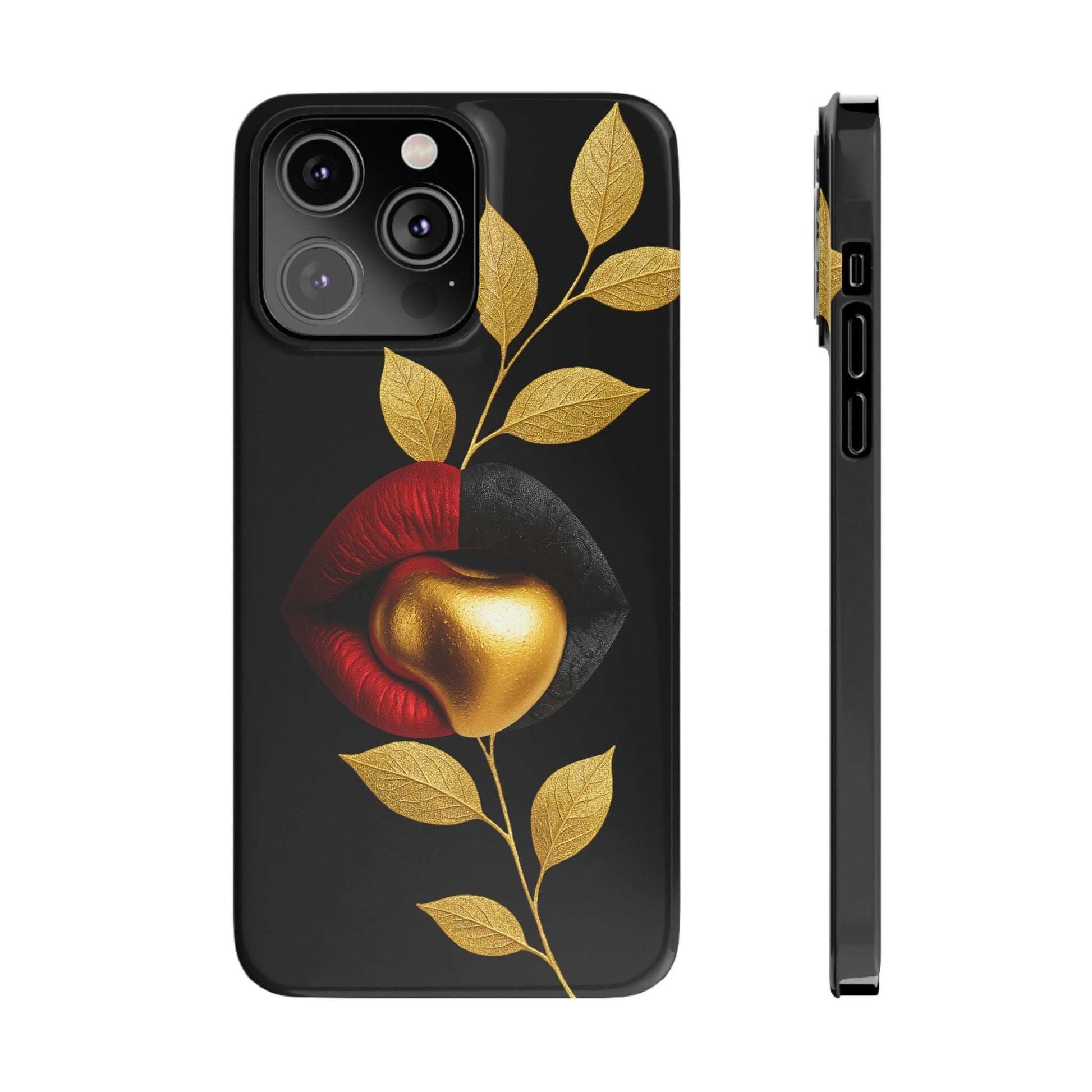 Gilded Expression phone case for iPhone 11-17, black with gold leaf and red apple graphic