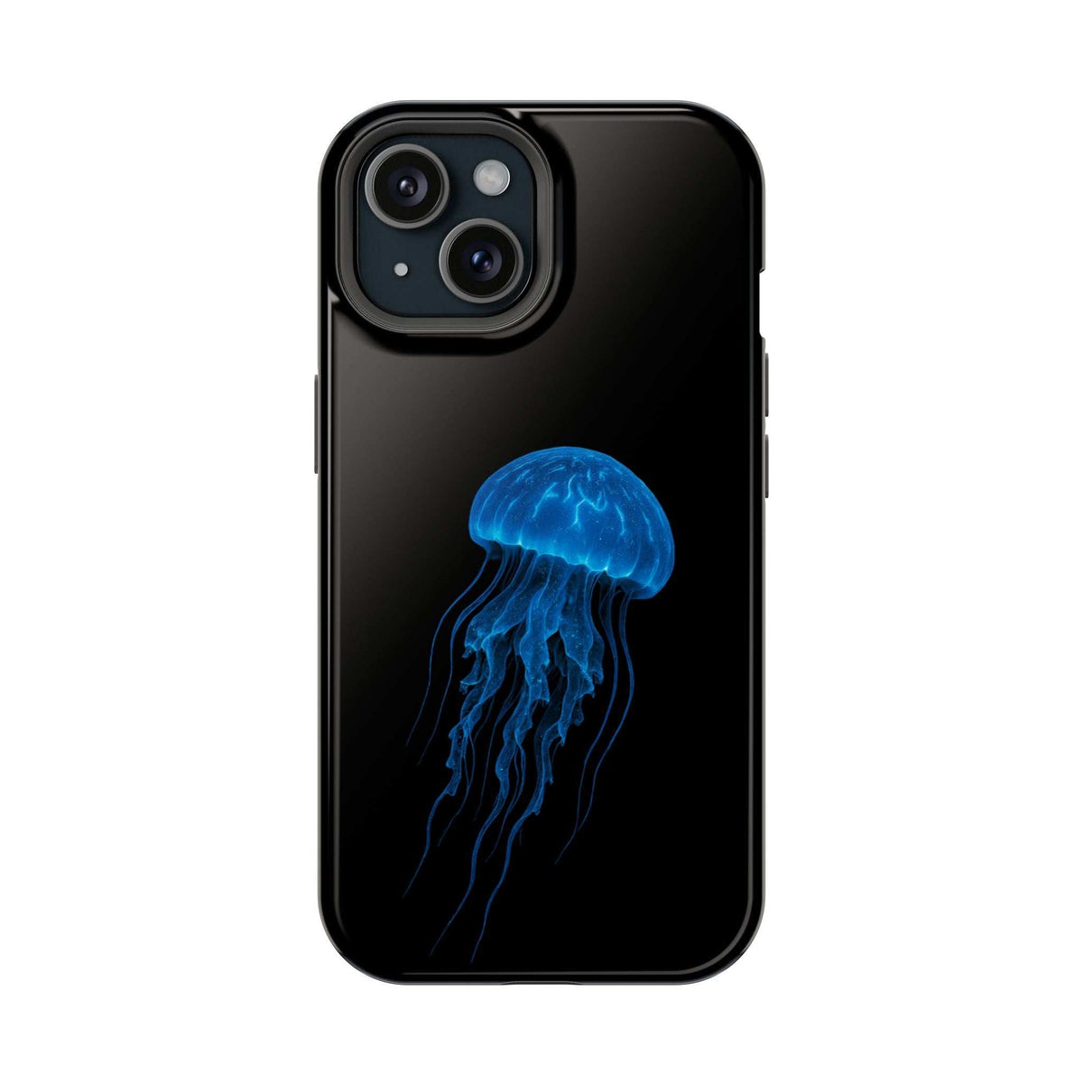 Black phone case with blue jellyfish graphic on the back, cutouts for cameras