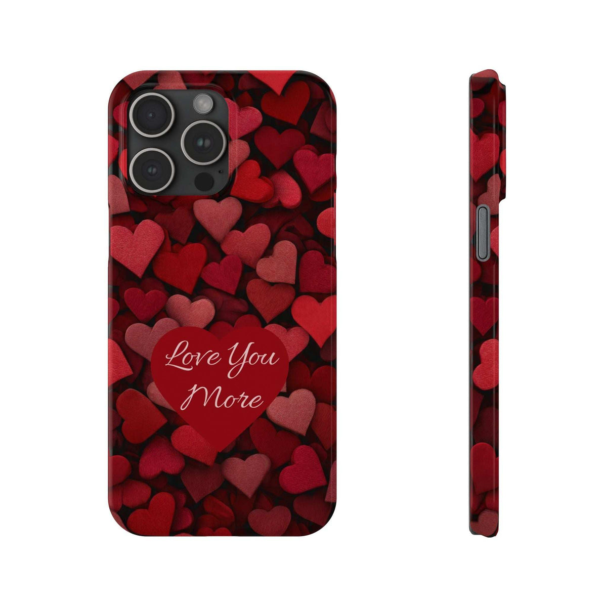 Red heart-pattern phone case with “Love You More” script; multi-lens camera cutout visible