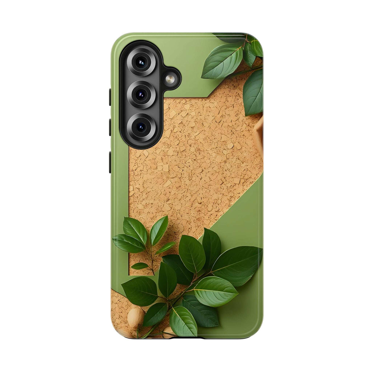 Olive green phone case with cork-look texture, leaf pattern, and raised camera cutout