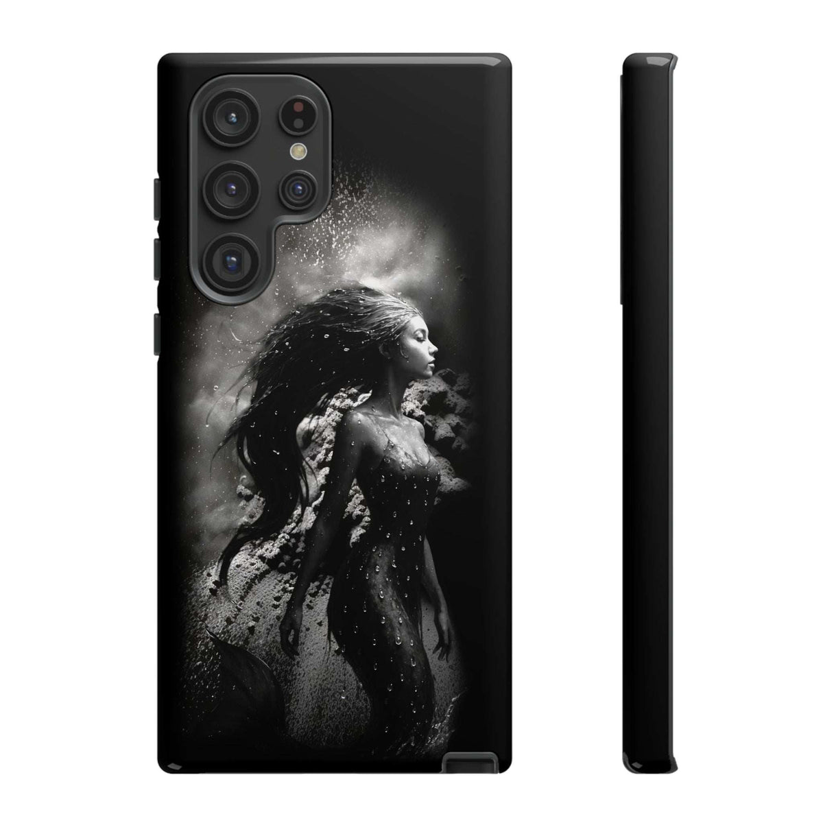 Black monochrome mermaid phone case with raised camera rings and side view