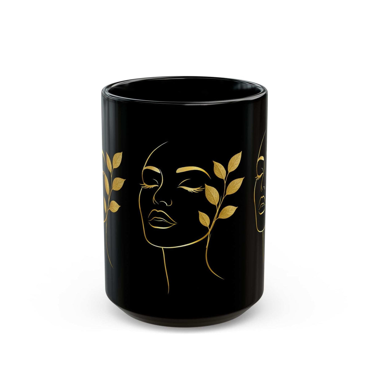 Black mug with gold line-art muse face and leafy accents