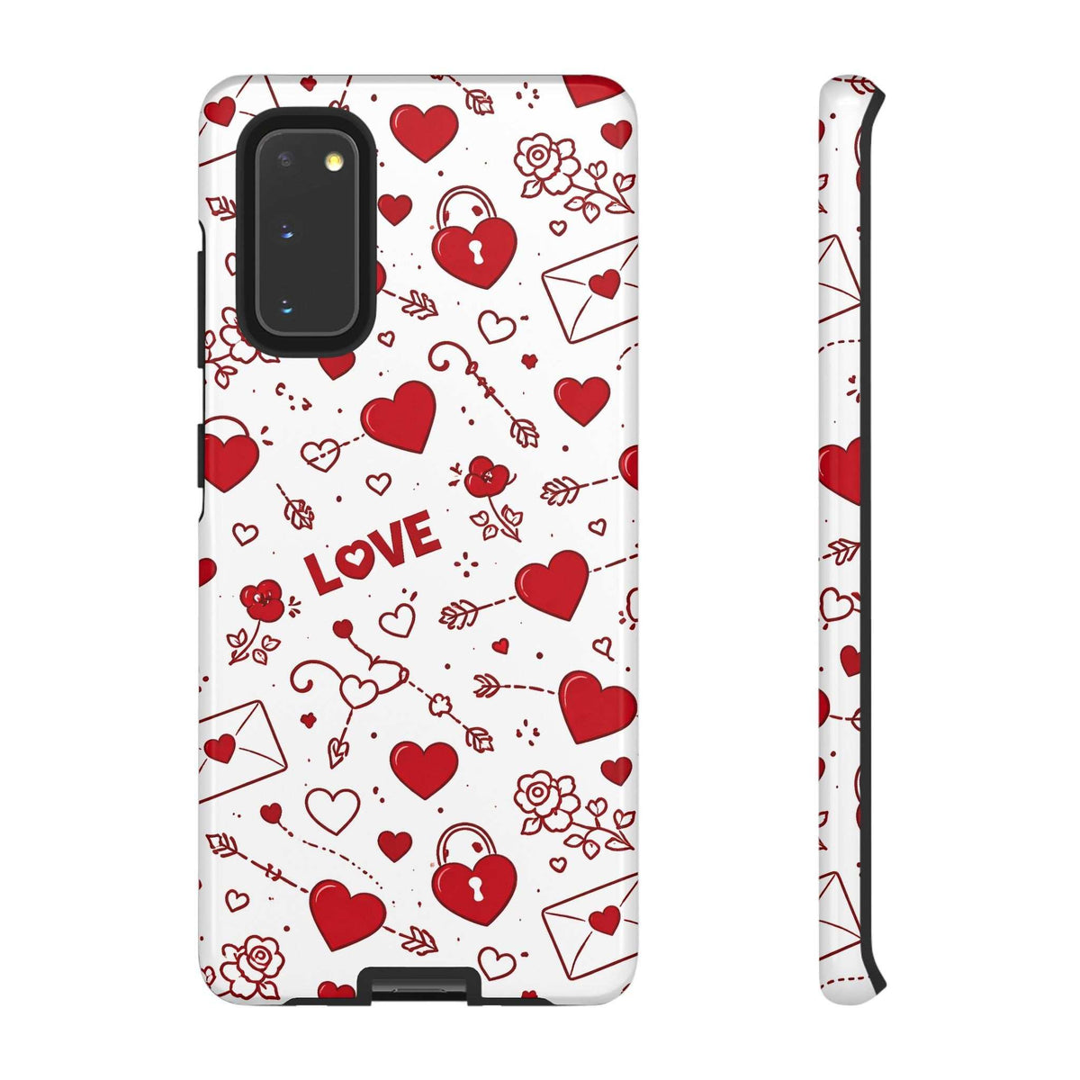 White phone case with red hearts, arrows, and LOVE text; side edge and button cutouts
