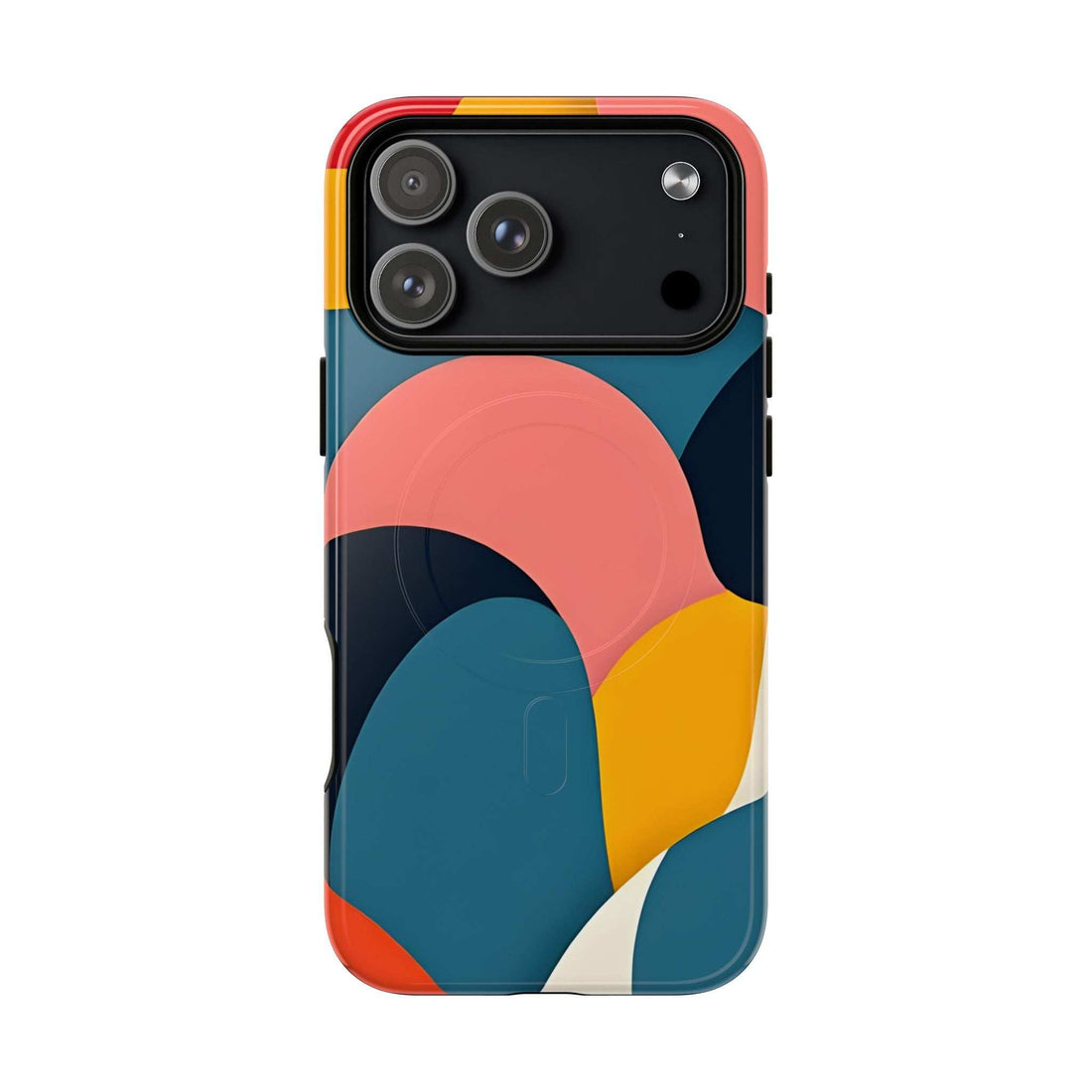Colorful abstract art phone case with circular shapes and camera cutout
