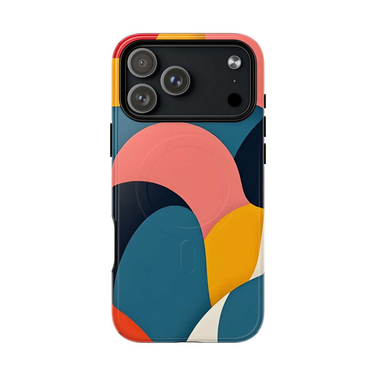 Colorful abstract art phone case with circular shapes and camera cutout