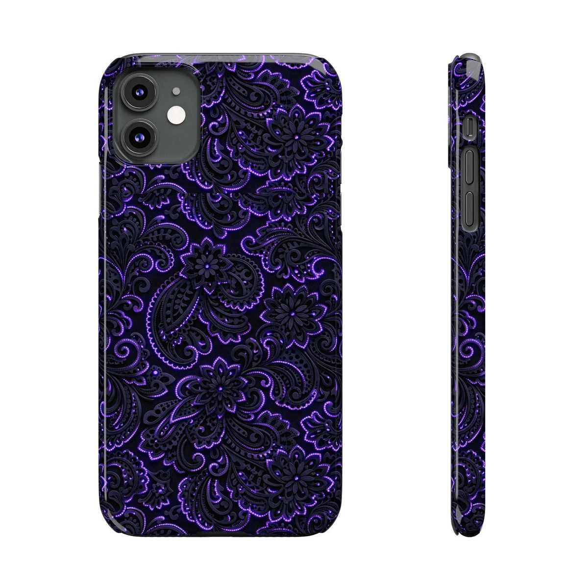 Phone case with neon purple paisley pattern, front view and thin side edge.