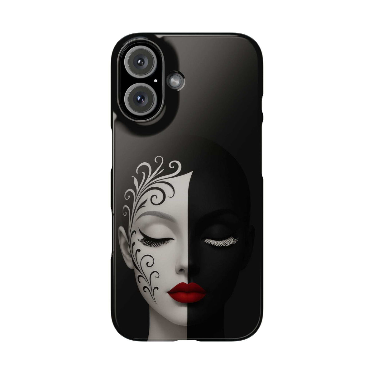 Black phone case featuring a split-face design with closed eyes, red lips, and decorative swirls