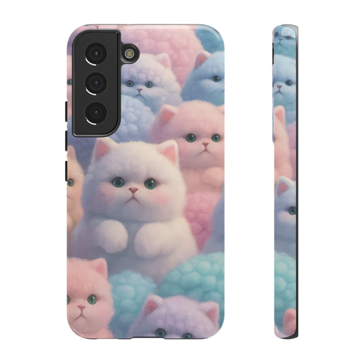 Glossy phone case with pastel kittens and blue accents, front camera section and side profile
