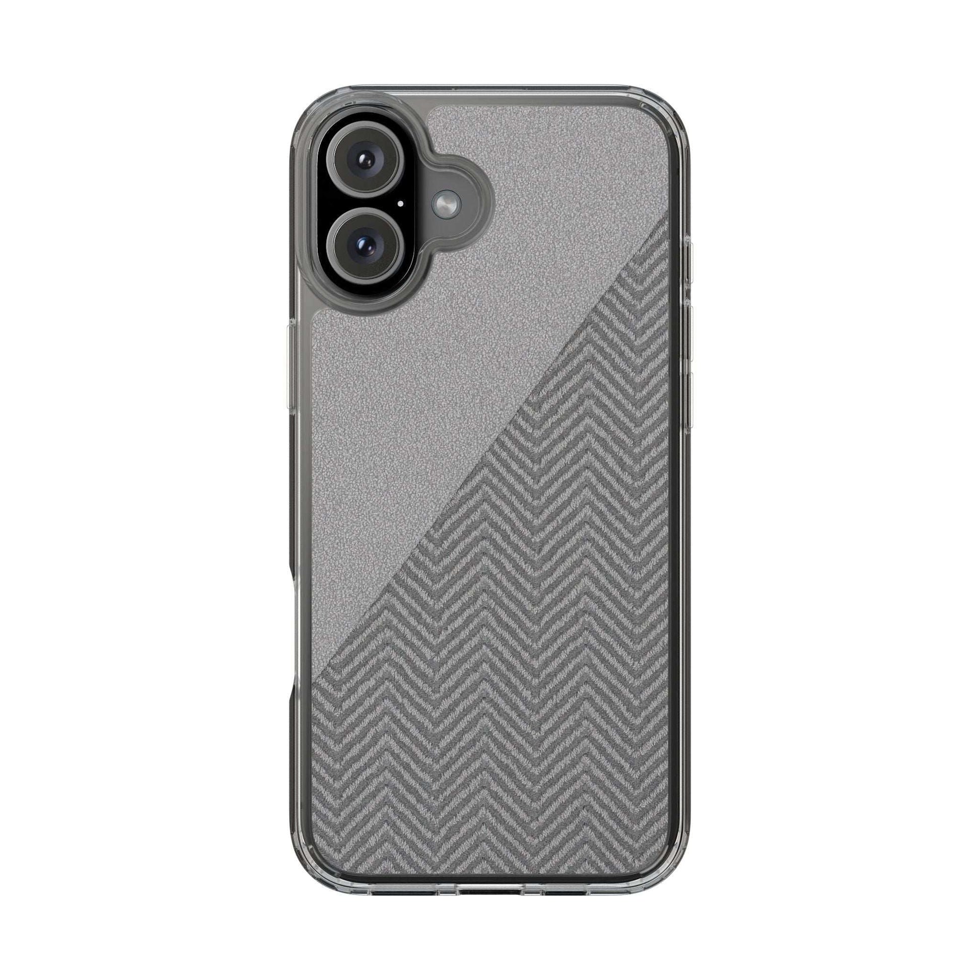 Tough phone case with clear bumper and dark herringbone diagonal pattern, single camera module