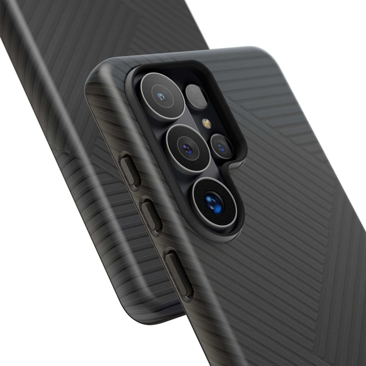 Black phone case close-up showing camera lenses, side button cutouts, and textured surface