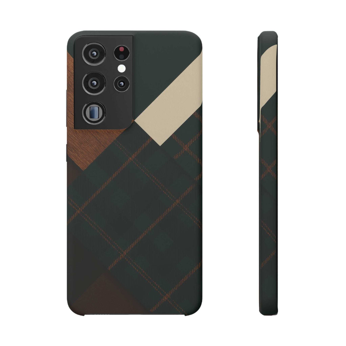 Dark green phone case with wood panel and plaid diamond pattern; camera cutouts and side view.
