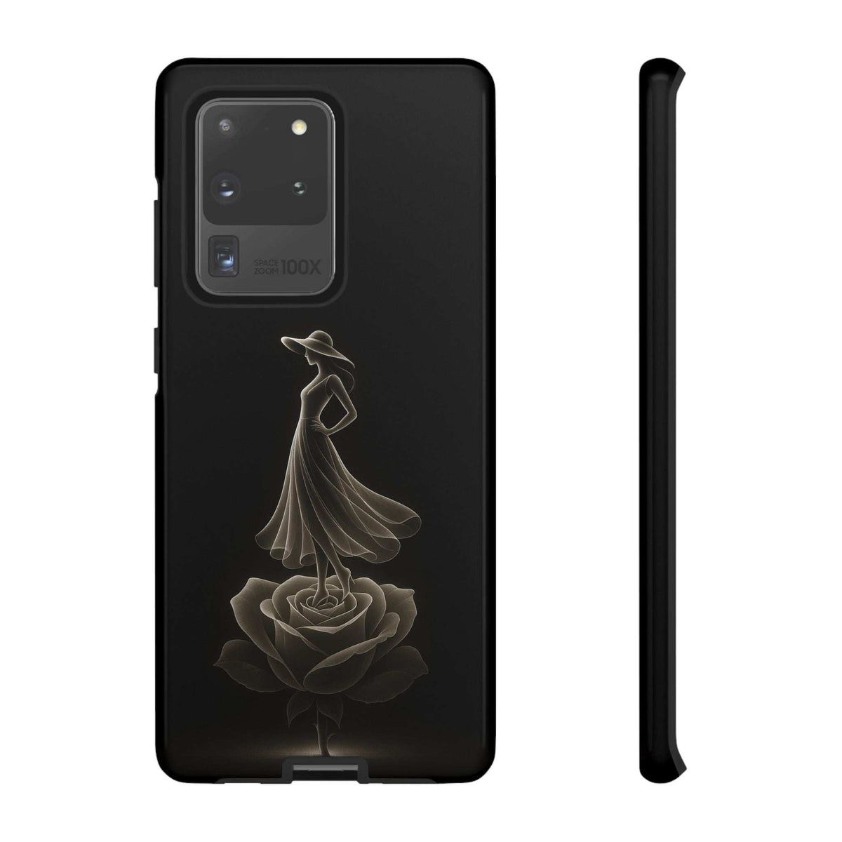 Black glossy phone case with lady and rose motif; back view with camera openings