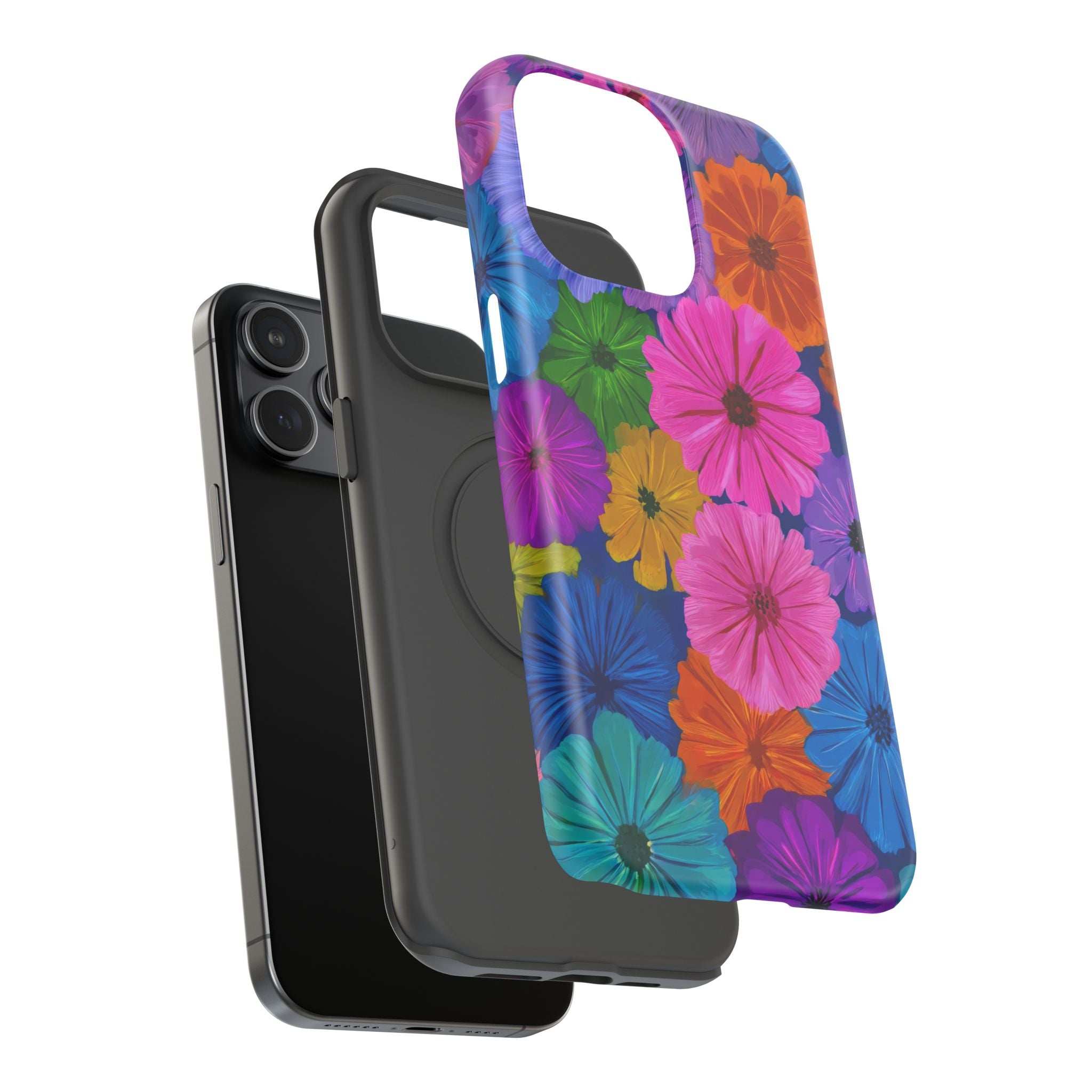 Bloom floral phone case with colorful blossoms, glossy clear front cutout