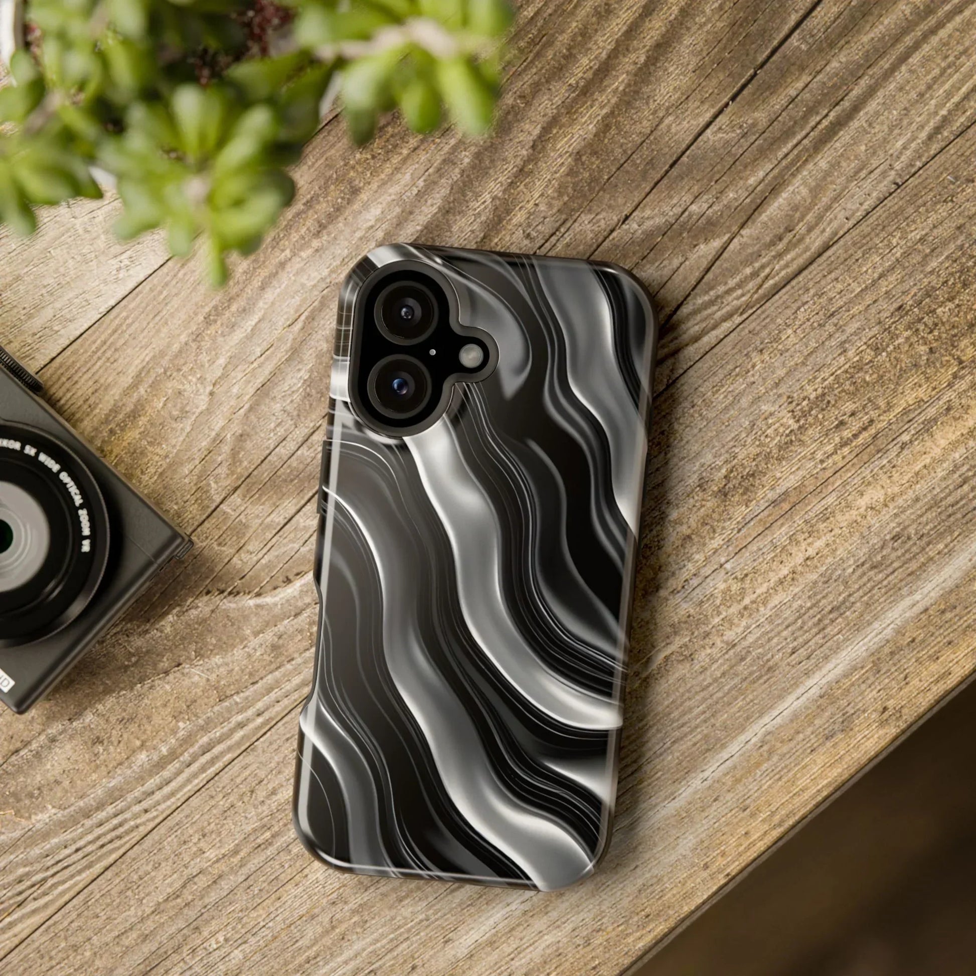 Wavy Illusion Black & Silver MagSafe® Tough Phone Case - KarArmDesign