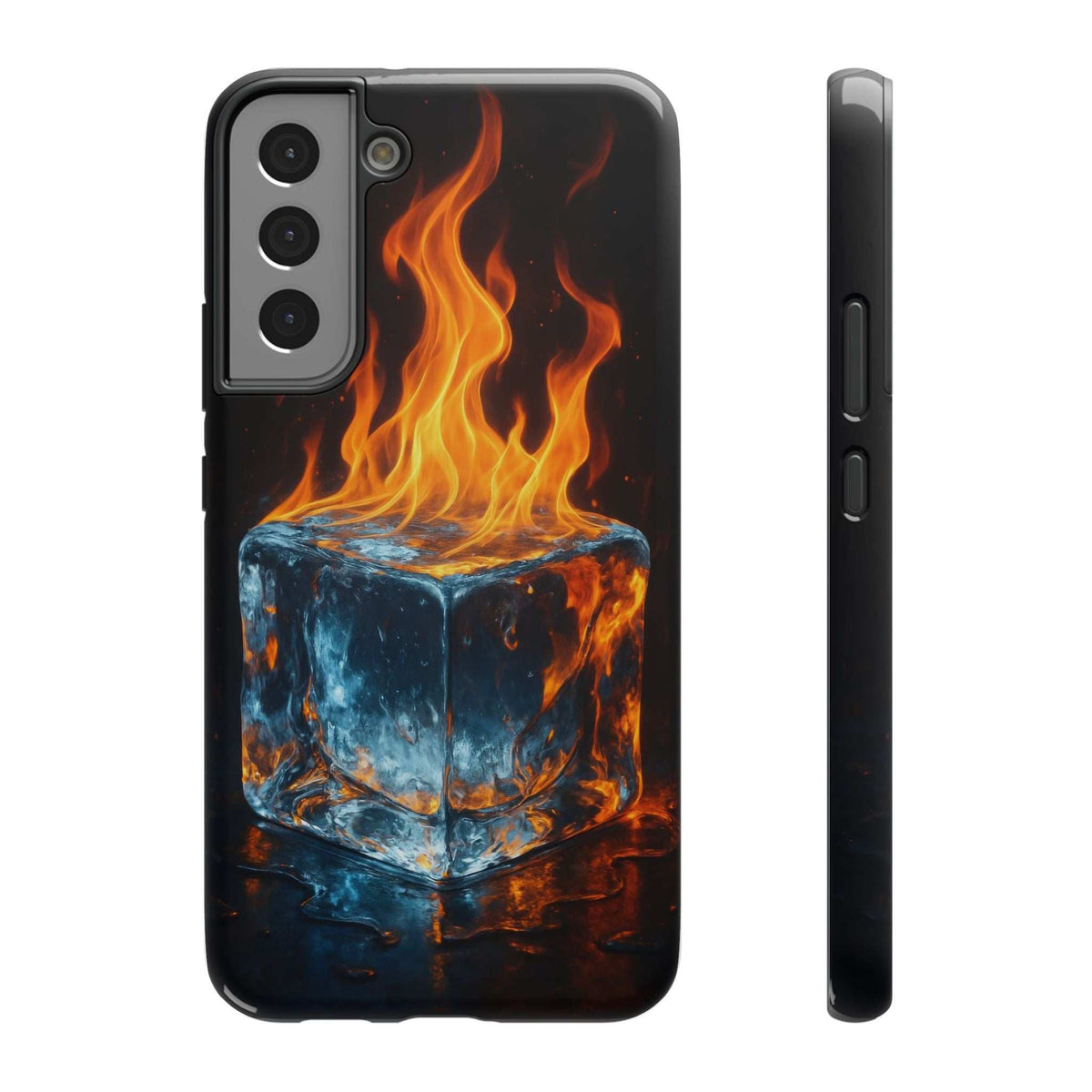 Black glossy phone case showing flame and ice cube graphic with large camera module