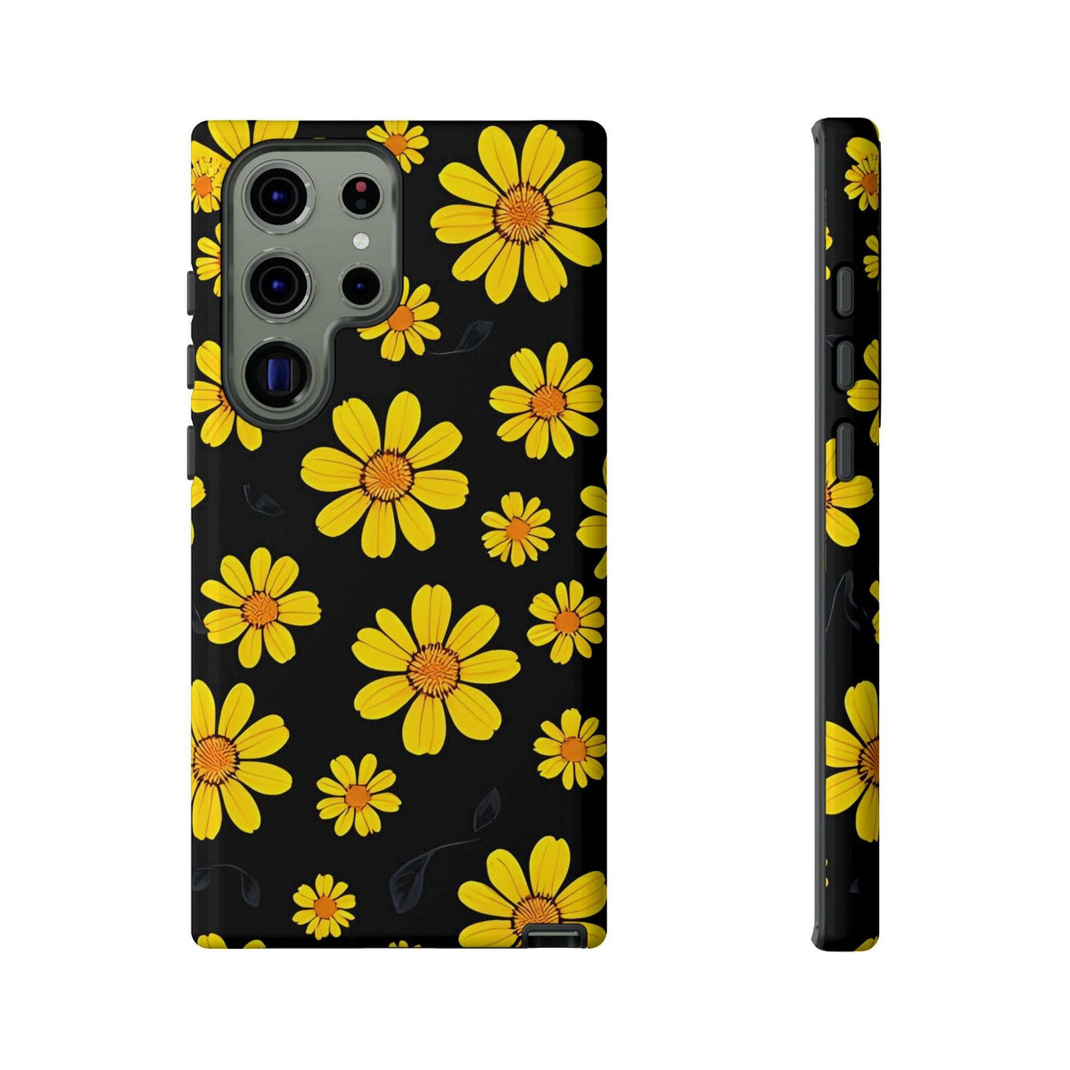 Black phone case with yellow daisy floral design; camera lenses and flash opening