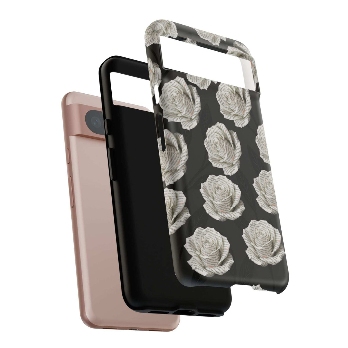 White rose-pattern phone case on black; angled view with another phone in back.