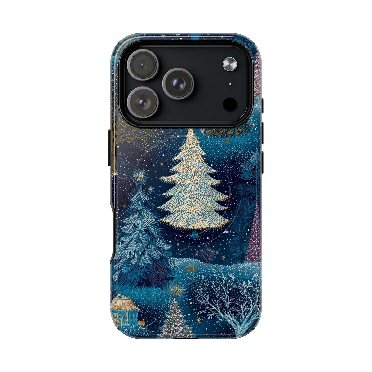 Glossy blue phone case with snowy forest scene and glitter texture; camera cutout shown.