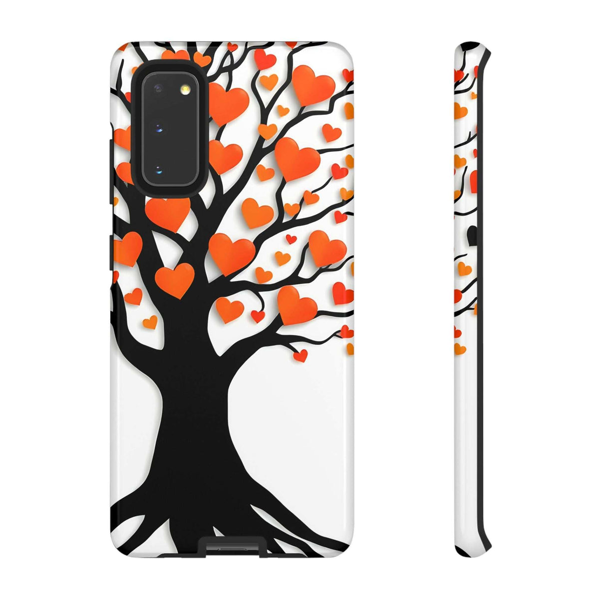Phone case close-up with black heart tree artwork and orange hearts, plus side profile