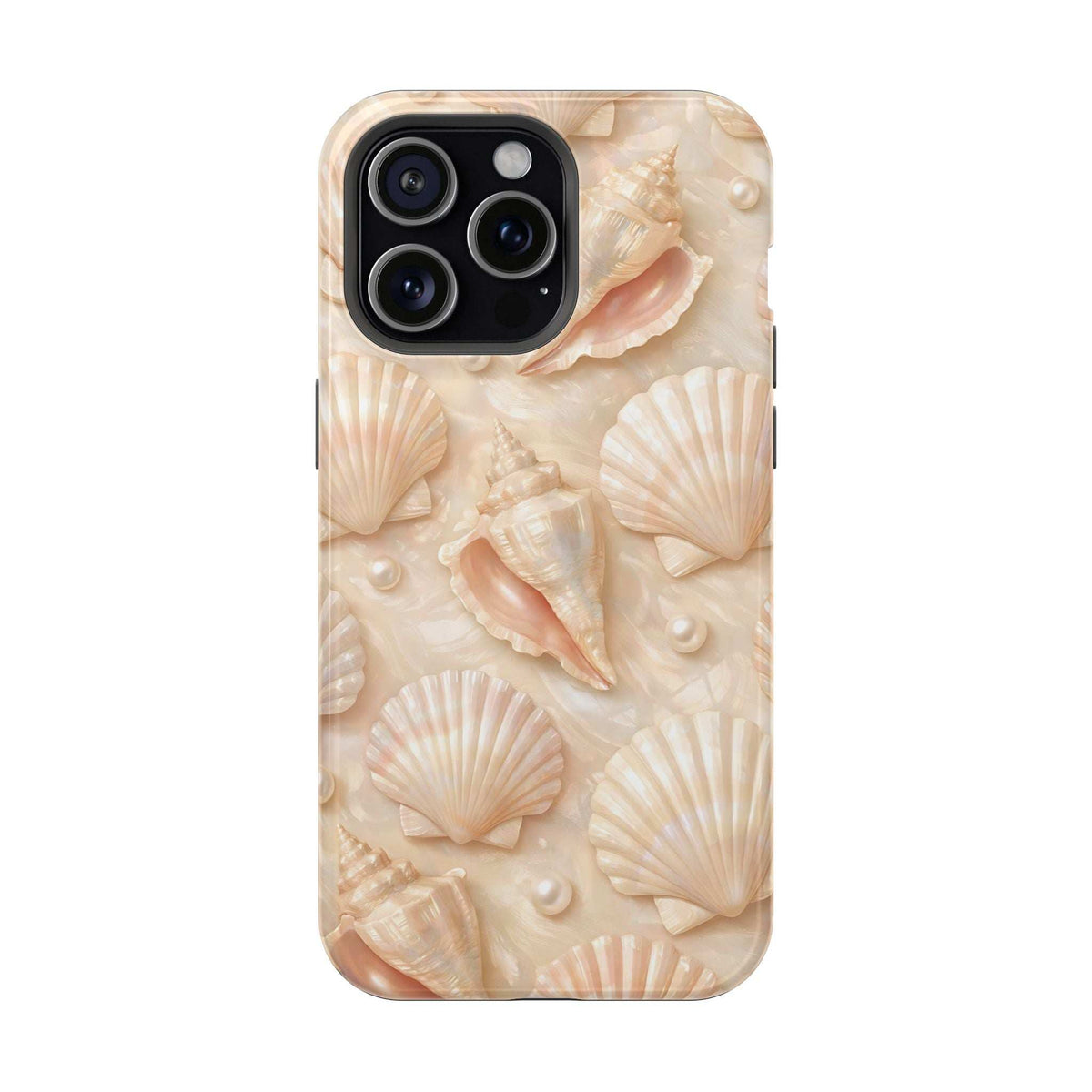 Seashell phone case in cream with embossed conch pattern and side button openings