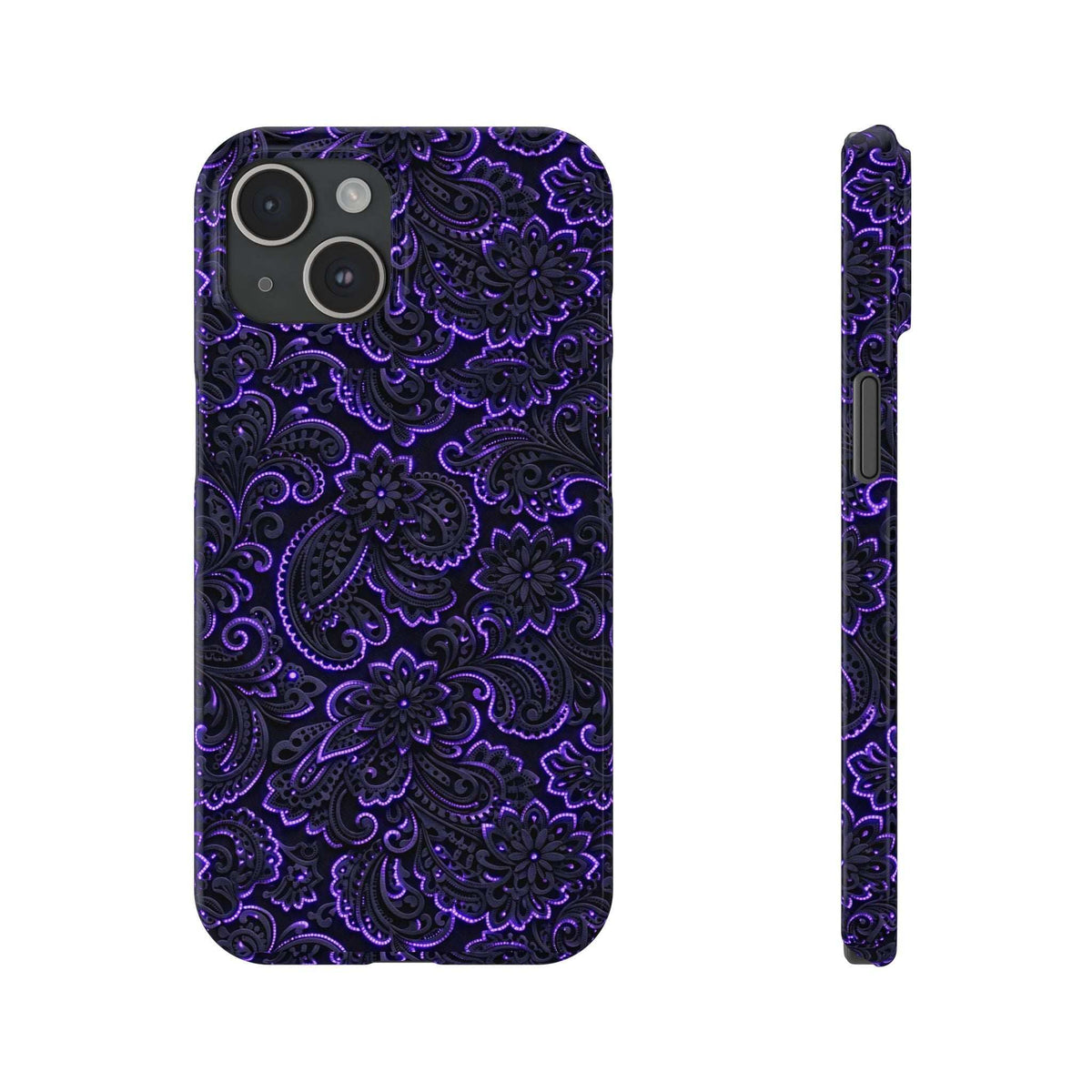 Purple neon paisley phone case front and slim side profile with cutout details.