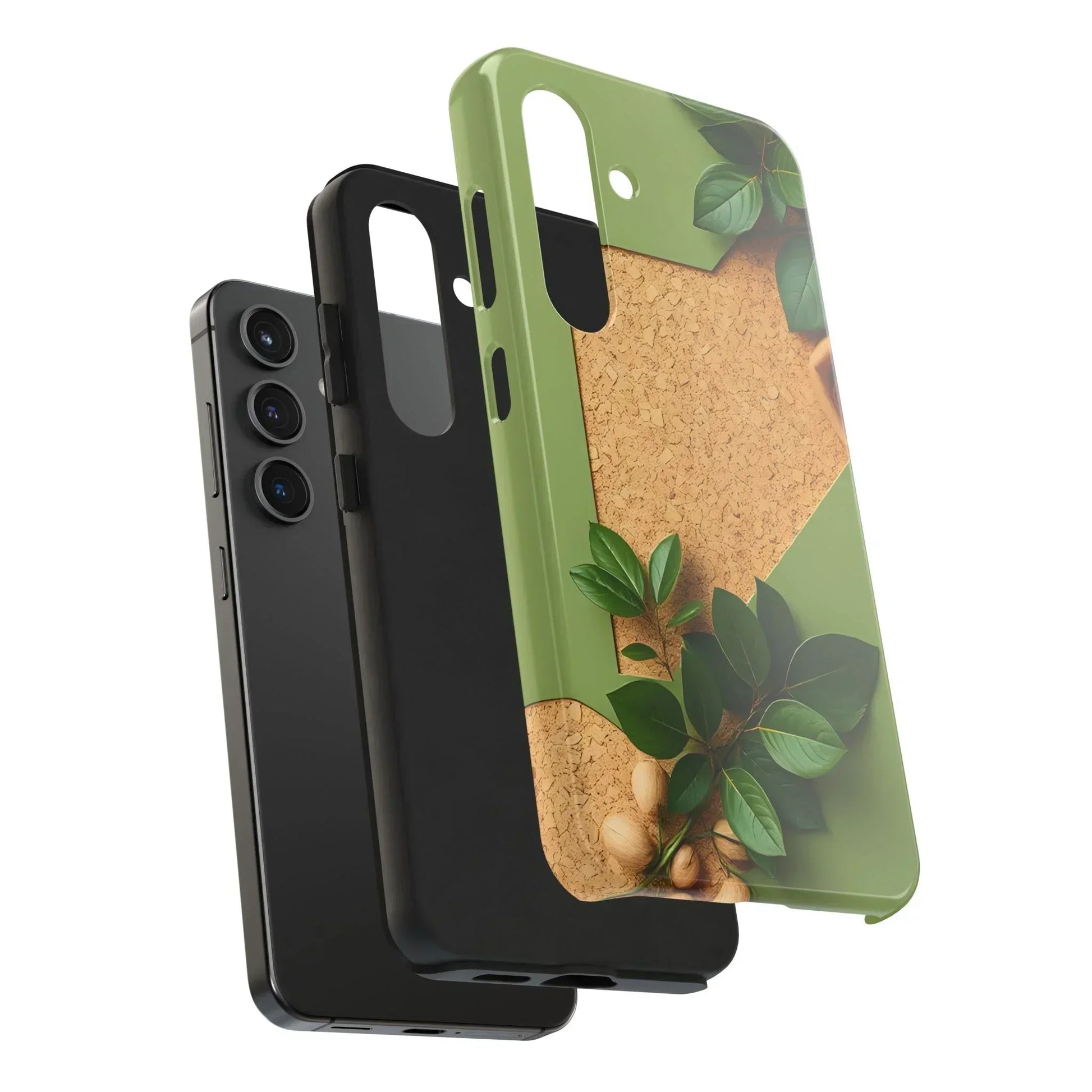 Eco-Inspired Tough Phone Case – Cork Texture with Leaf & Seed Design for iPhone 7-16 and Samsung Galaxy S21-S24 - KarArmDesign