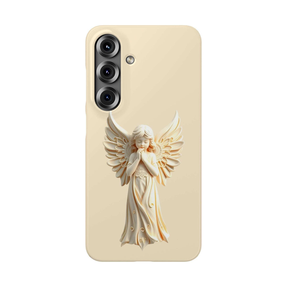 Light beige phone case with raised angel figurine and side camera openings