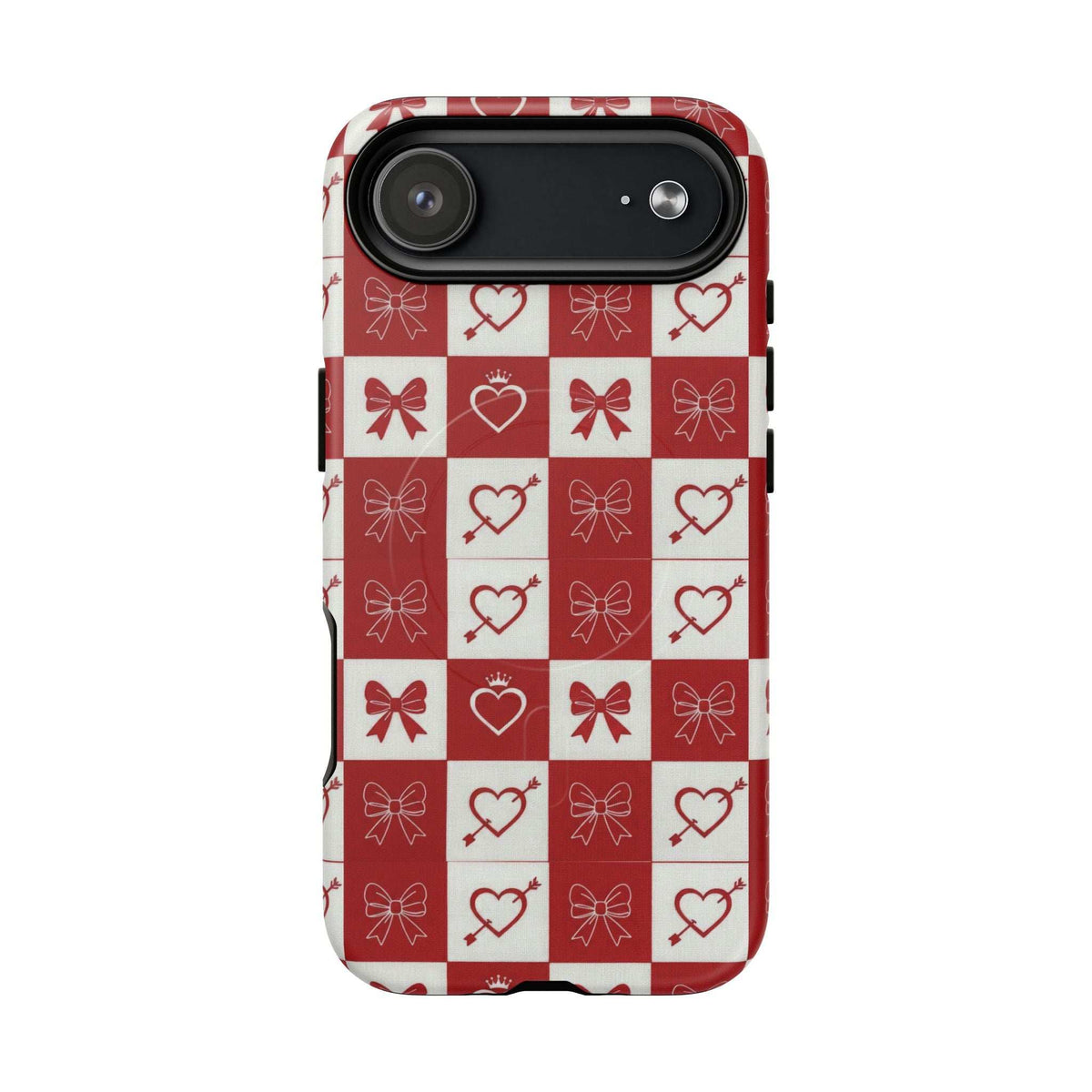 Red and white checkered phone case with hearts and bows, top camera window and cutout