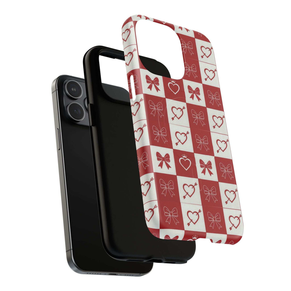 Red and white checkered phone case with heart and bow pattern, camera lens cutout