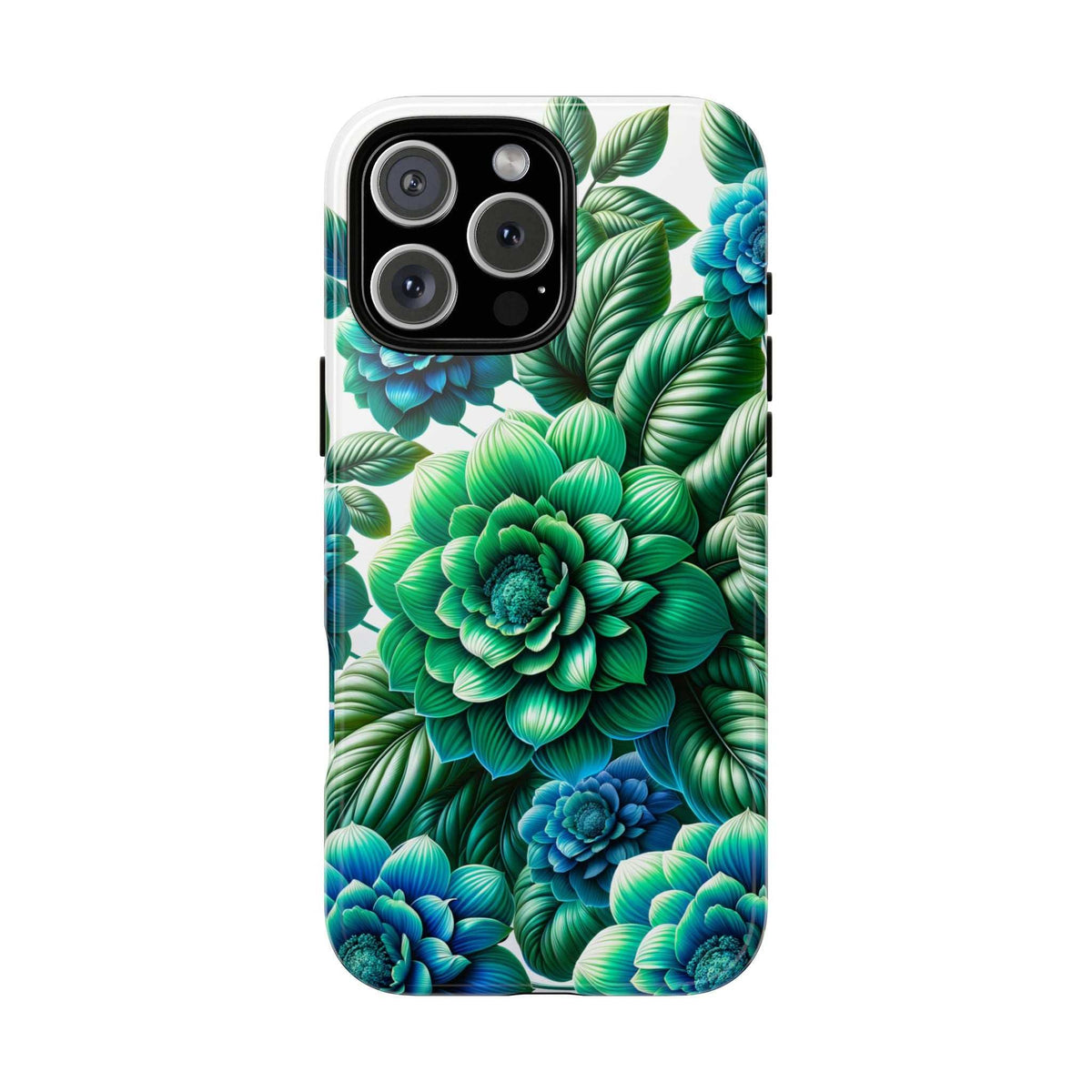 Green and blue floral phone case with camera cutouts and leaf design detail