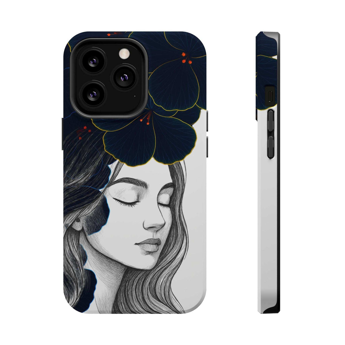 Dark floral phone case with grayscale woman portrait, blue bloom pattern and cutouts