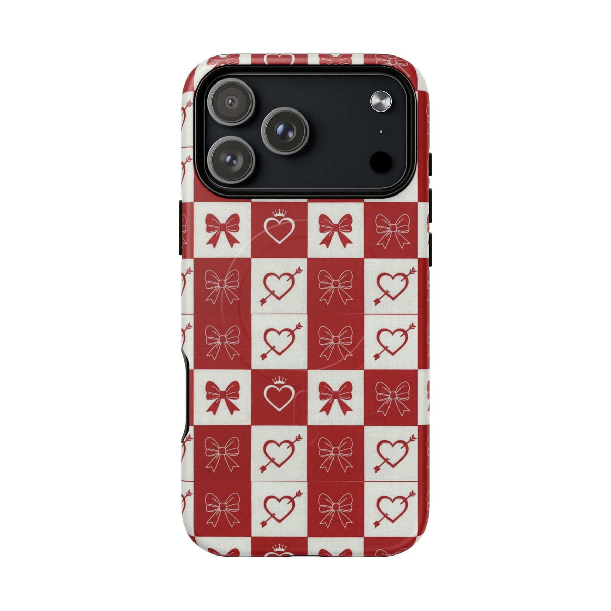 Red and white patchwork phone case with hearts and bow icons, camera openings