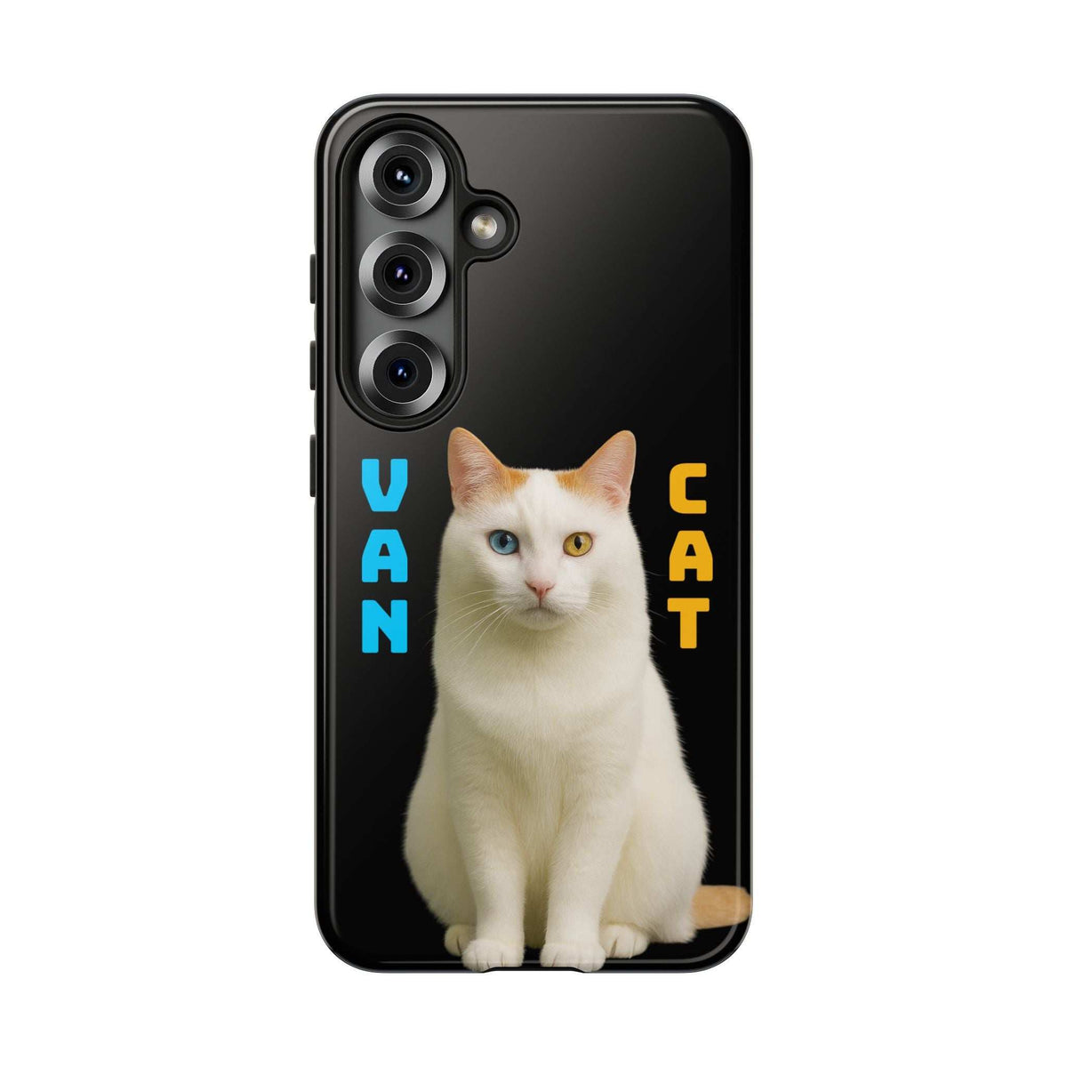 Glossy black phone case with white cat graphic and triple camera cutouts (front view).