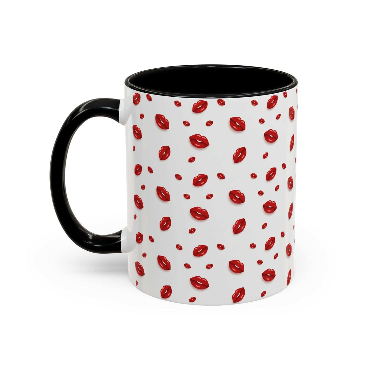 Accent coffee mug with hot lips pattern, black handle and rim, angled view