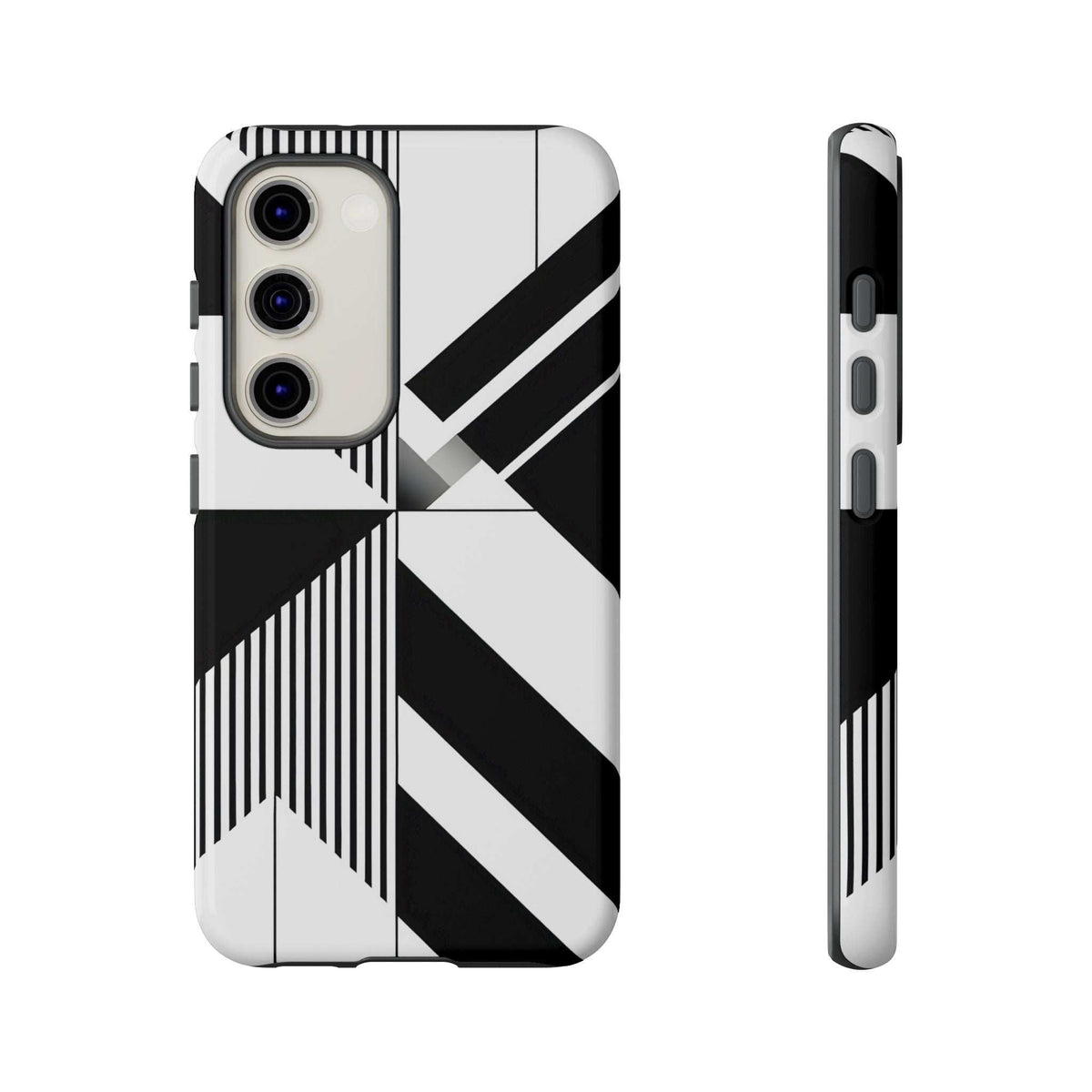 Tough phone case with black-and-white pattern, raised camera covers, and protective edges