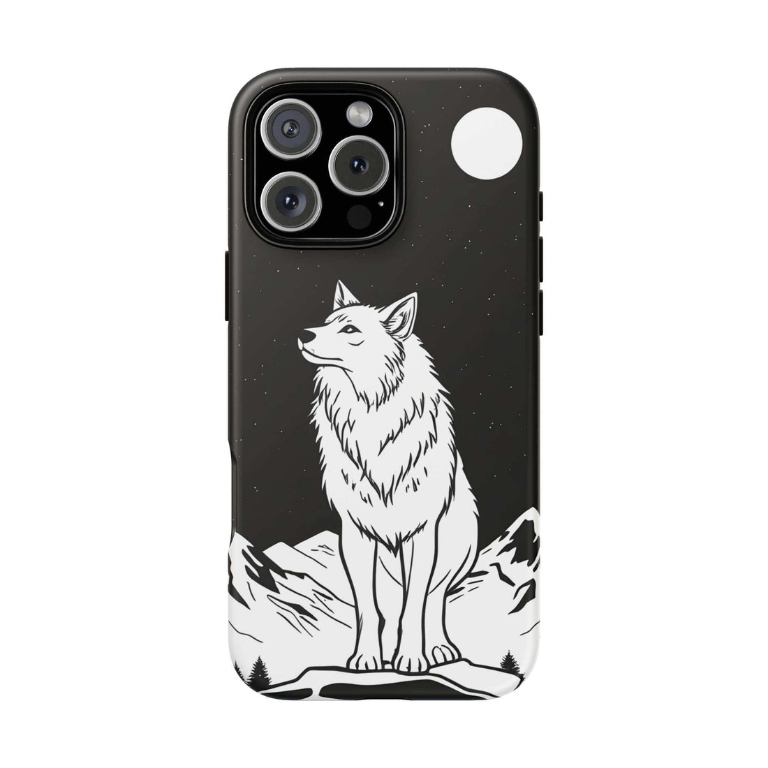 Black phone case with white wolf illustration and star speckles; cutouts for cameras