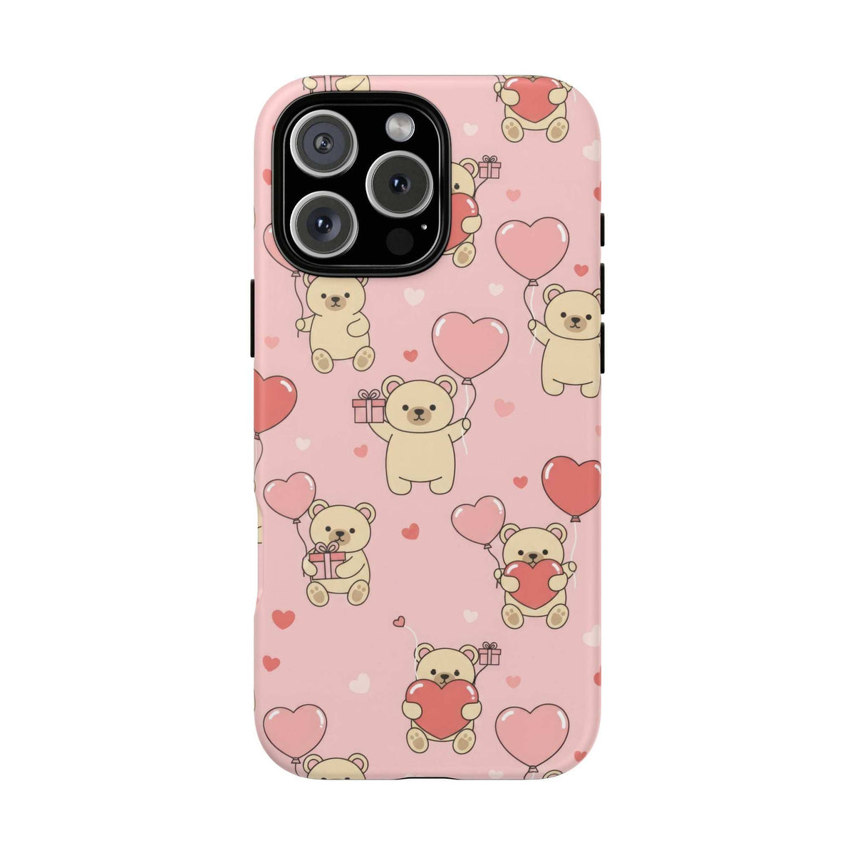 Pink teddy bear and heart phone case with camera cutouts