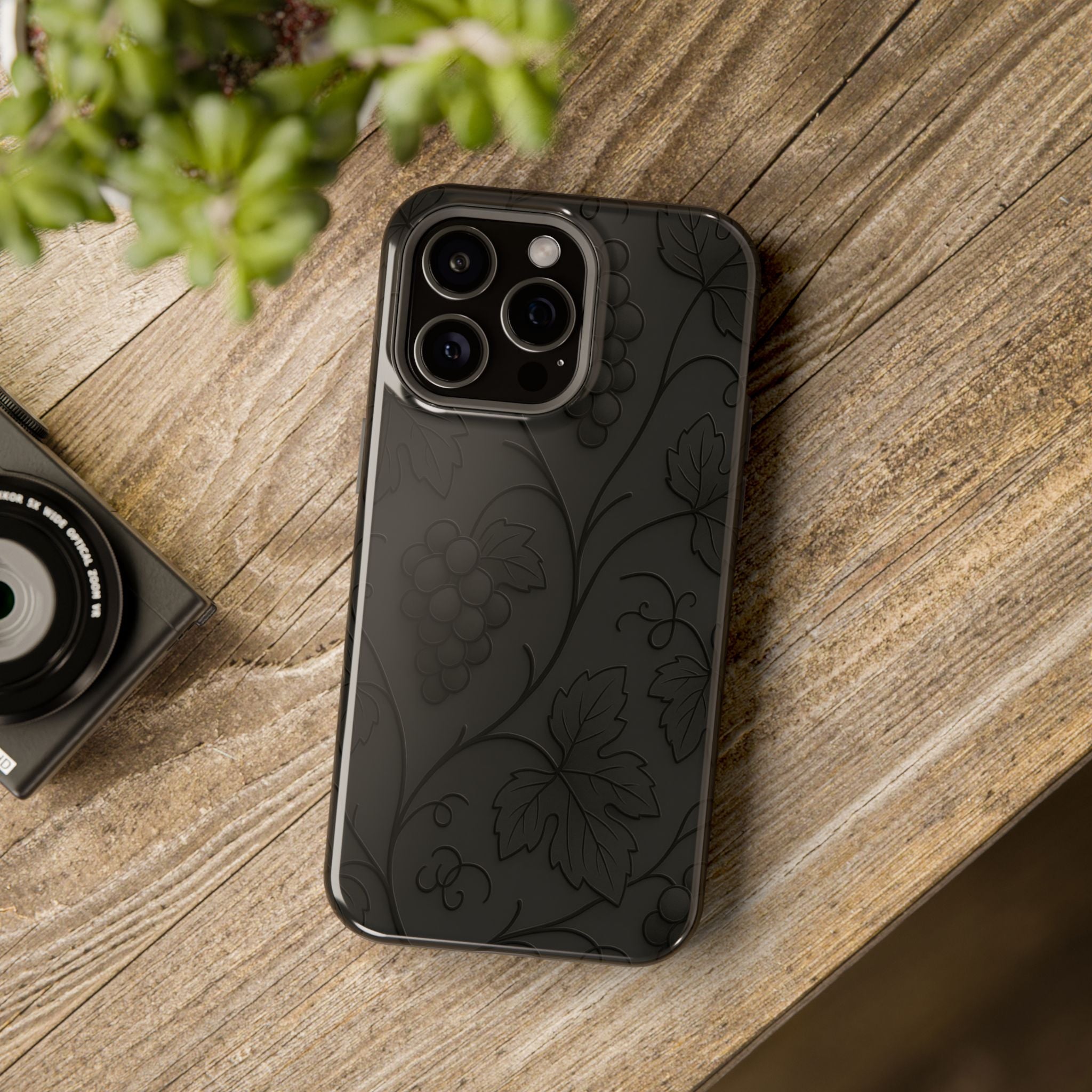 Embossed Grape Leaf Phone Case – Elegant Black Design for iPhone & Samsung