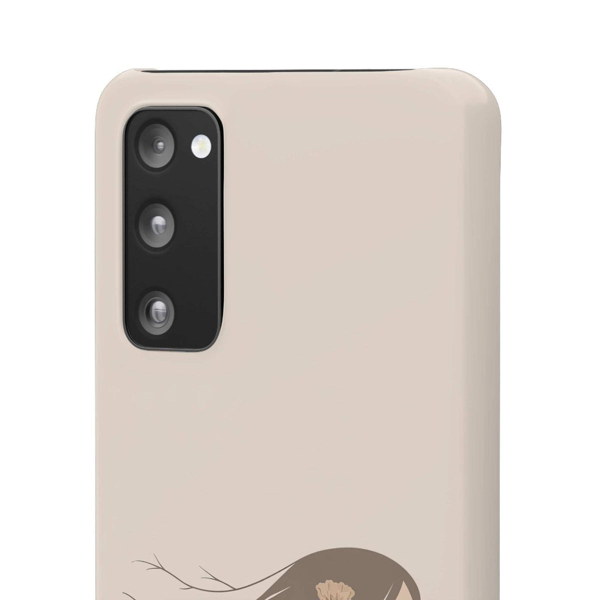 Beige phone case with floral silhouette, vertical camera cutout and minimal side opening